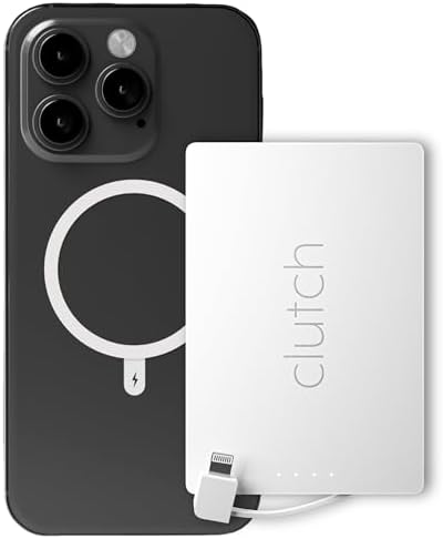 Clutch - Pro Portable Charger - Compatible with iPhone 14 or Older & Small Devices - Power Bank - Magnetic Battery - TSA Approved Travel Charger - USB Rechargeable - Built-in Cable - 3.7oz - White