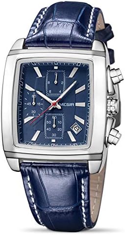 MEGIR Men's Business Analog Chronograph Luminous Rectangle Quartz Watch with Stylish Leather Strap for Sport & Work