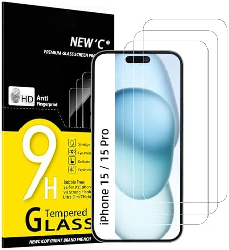 NEW'C [3 Pack Designed for iPhone 15/15 Pro (6.1 Inch) Screen Protector Tempered Glass,Case Friendly Ultra Resistant