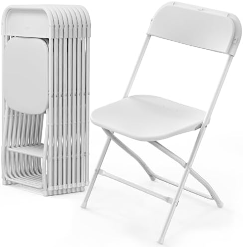 VINGLI 10 Pack White Plastic Folding Chair, Indoor Outdoor Portable Stackable Commercial Seat with Steel Frame 350lb. Capacity for Events Office Wedding Party Picnic Kitchen Dining