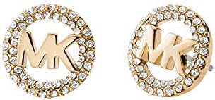 Michael Kors Brass and Pavé Crystal MK Logo Stud Earrings for Women, Color: Gold (Model: MKJ7322710)