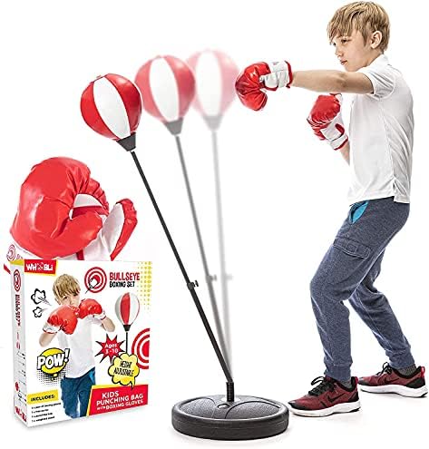 Whoobli Punching Bag for Kids Incl Boxing Gloves | 3-10 Years Old Adjustable Kids Punching Bag with Stand | Boxing Bag Set Toy for Boys & Girls (Red White); New 2024…