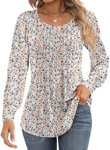 Ficerd Women's Puff Long Sleeve Tunic Tops Pleated Crew Neck Blouses Dressy Casual Loose Summer and Fall T-Shirts
