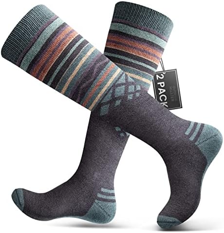 Ski Socks 2-Pack Merino Wool, Over The Calf Non-Slip Cuff for Men & Women
