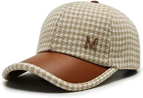 Women Men Streetwear Baseball Cap, Checked Snapback Hip Hop Baseball Cap Pu Leather Korean Style Hat(Khaki)