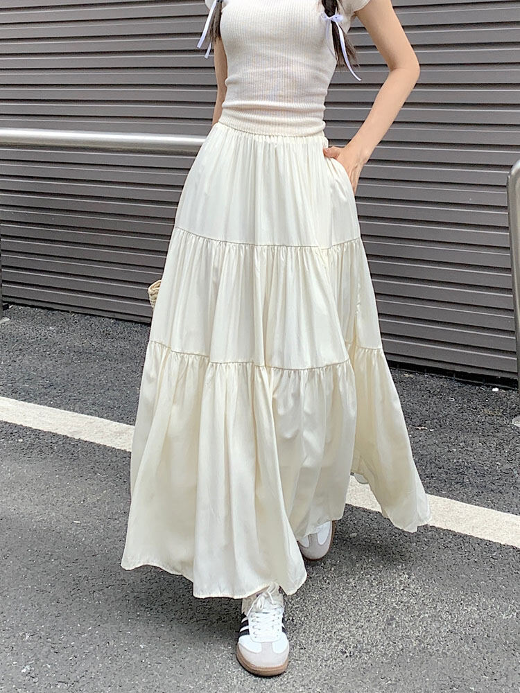 Summer 2023 New Arrival Korean Style Sense of Design Skirt Patchwork Mid Length Long Length Big Hem A- line Skirt Women's Summer Skirt