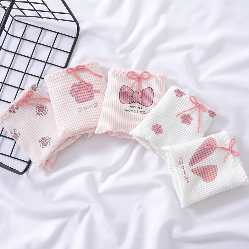 Japanese Style Soft and Adorable Cat's Paw Young Adult Underwear Thread Cotton Cute Rabbit Ear Mid Waist Bows Briefs Breathable