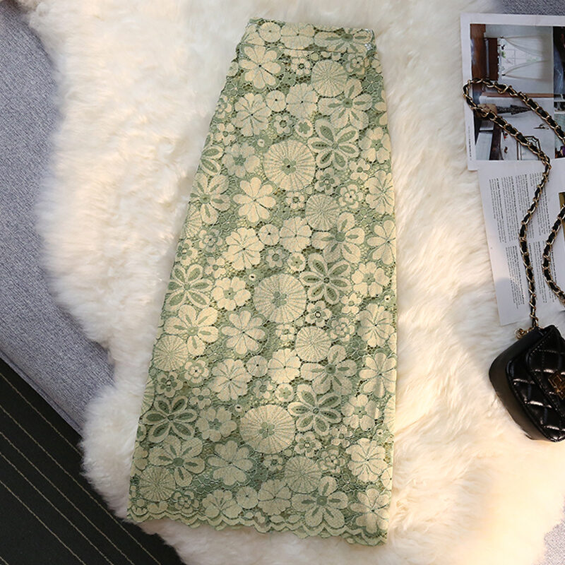Avocado Green Lace Skirt Women's Summer Split One-Step Skirt Sheath Mid-Length High Waist Slim Looking A- line Dress