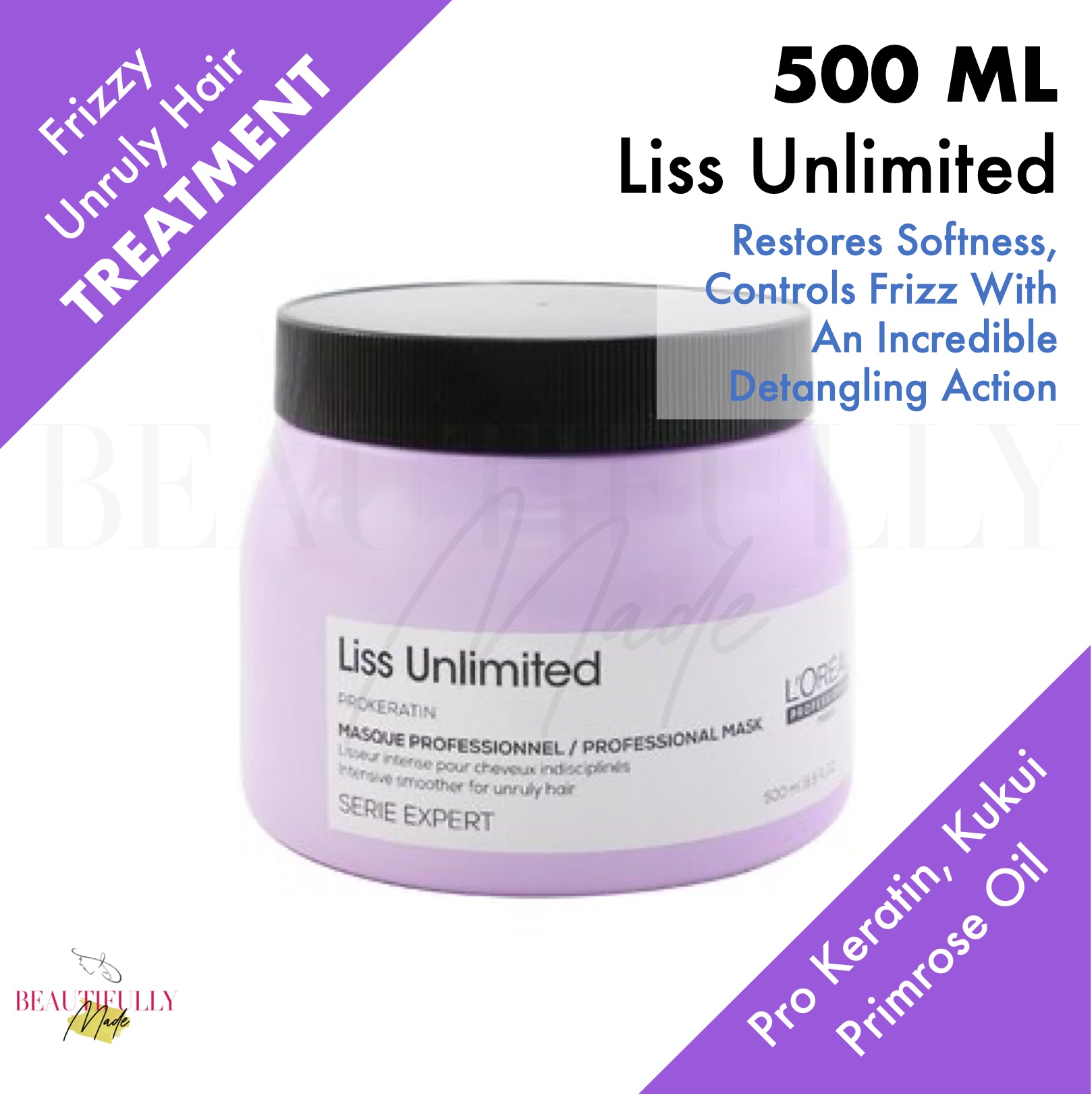 L'Oreal Professional Serie Expert Liss Unlimited Masque Mask 500ml  - For Frizzy Hair, Tames Unruly Straight Hair, contains Pro-Keratin for Intense Smoothening Effect, Anti Humidity