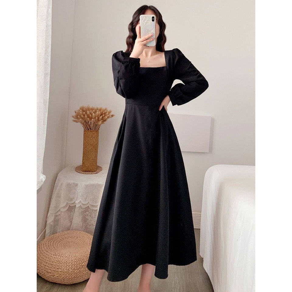 Long-sleeved Dress Women's Holiday Elegant and Ankle-length Women's Square Collar Puff Sleeves Simple and Fashionable Korean Style Casual Street Wear Party Dress