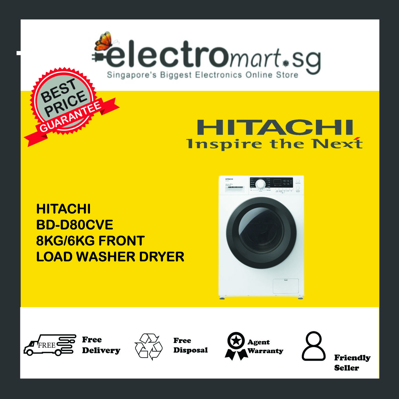 HITACHI BD-D80CVE FULL DRYER WASHING MACHINE 3CS WH