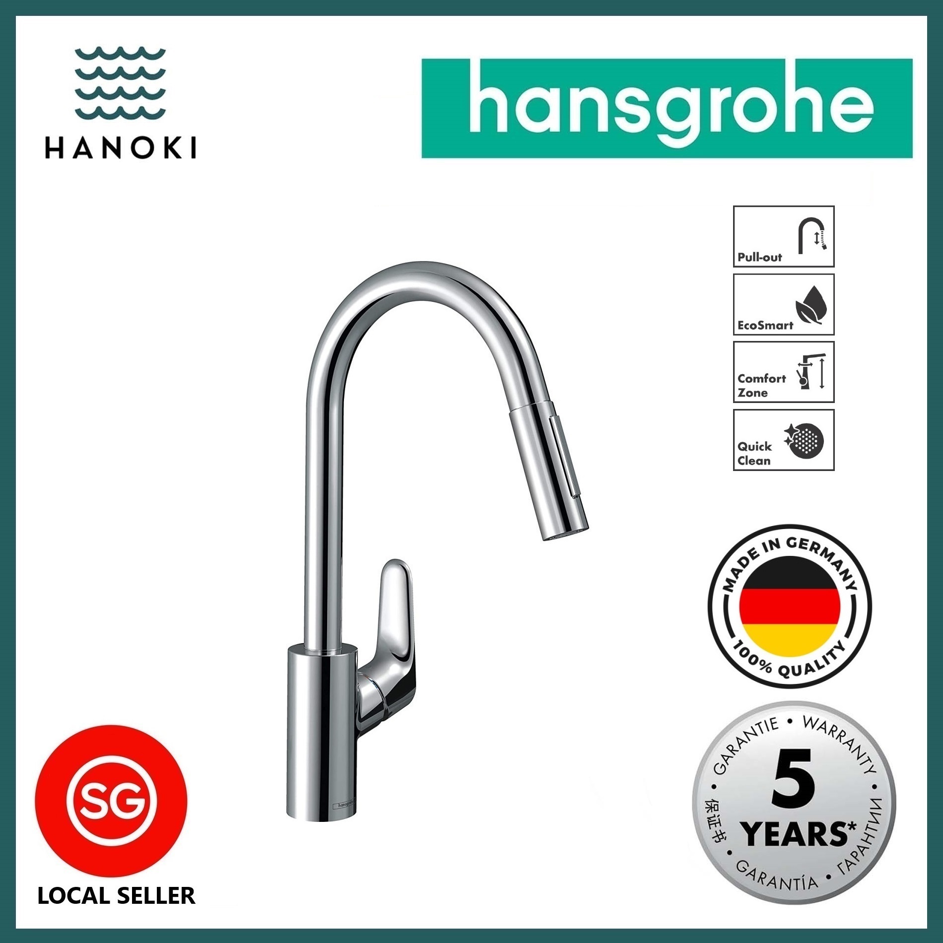 hansgrohe Focus M41 Single Lever Kitchen Mixer 240, pull-out spray, 2jet (3 Colours available)