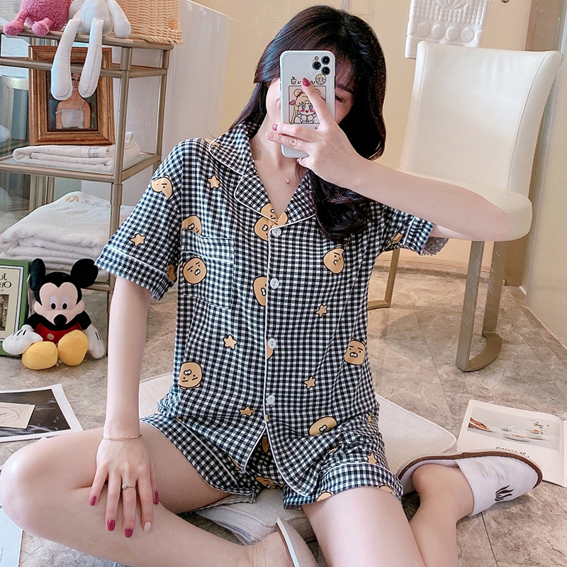 Ready Stock Women Baju Tidur Silk Pyjamas Set Short sleeve shorts Sleepwear Pajamas Fruit Print Nightwear Sleep Suit