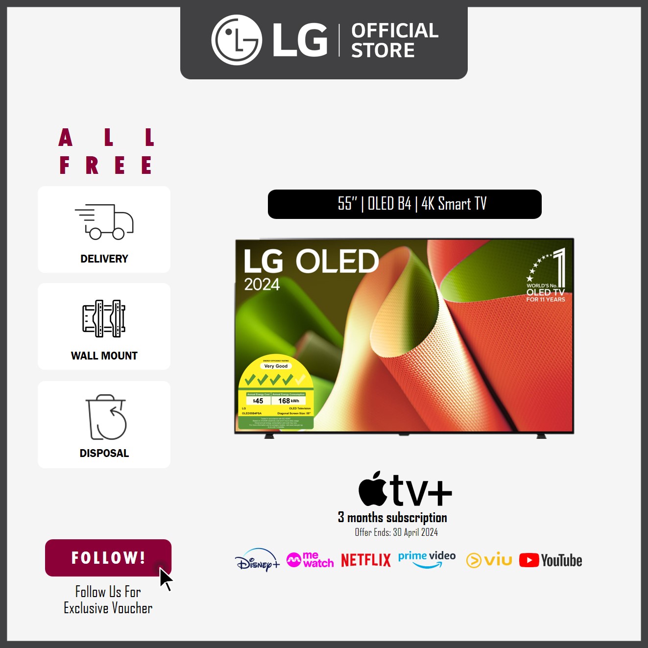 [NEW] LG OLED55B4PSA 55'' 4K OLED B4 Smart TV + Free Delivery +  Free Wall-Mount Installation Worth up to $200