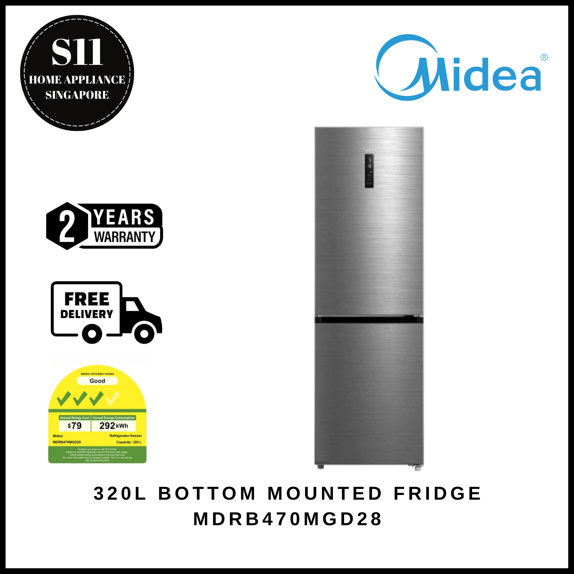 MIDEA MDRB470MGD28 320L BOTTOM MOUNTED FRIDGE [3 TICKS] - 2 YEARS LOCAL WARRANTY