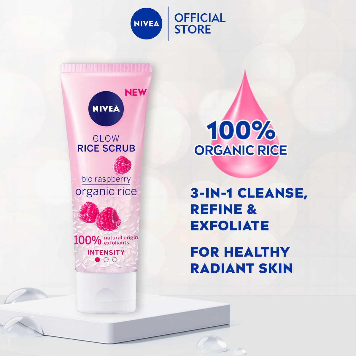 Nivea Face Care Glow Rice Scrub Organic Rice Bio Raspberry 75ml / Face Scrub / Natural Ingredients, Vegan, Rasberry, Dry Skin Sensitive Skin