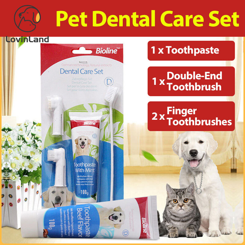 Bioline Set 4in 1 Toothpaste For Dog's Freash Breath Toothpaste odol pasta gigi Dog Toothpaste Pet Toothbrush Pet Dental Care